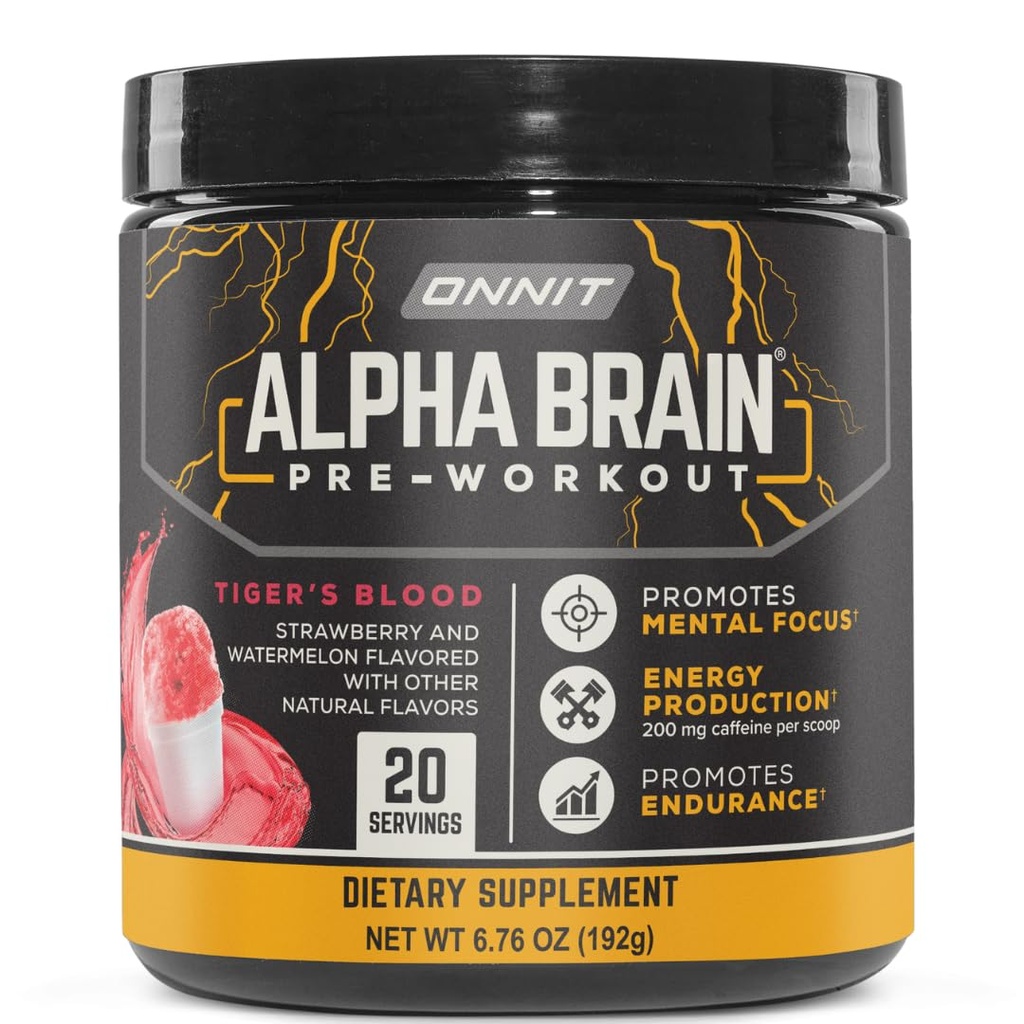 ONNIT Alpha Brain Pre-Workout Powder, IGENTM Non-GMO Tested, Tiger's Blood Flavor, Pre-Workout Suplemento para Mujeres y Hombres, Suplemento Dietario, 20 Servimientos por Tub, 6.76 oz
