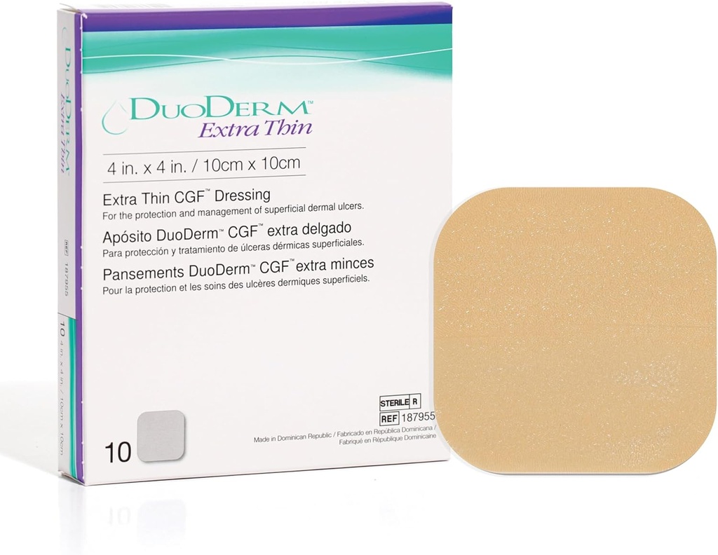 ConvaTec DuoDERM Extra Thin Control Gel Fórmula 4"x4" Hidrocolloide Sterile Adhesive Dressing for Superficial Wounds, Low Friction, Latex-Free, Waterproof, Square, Beige, 10ct Box