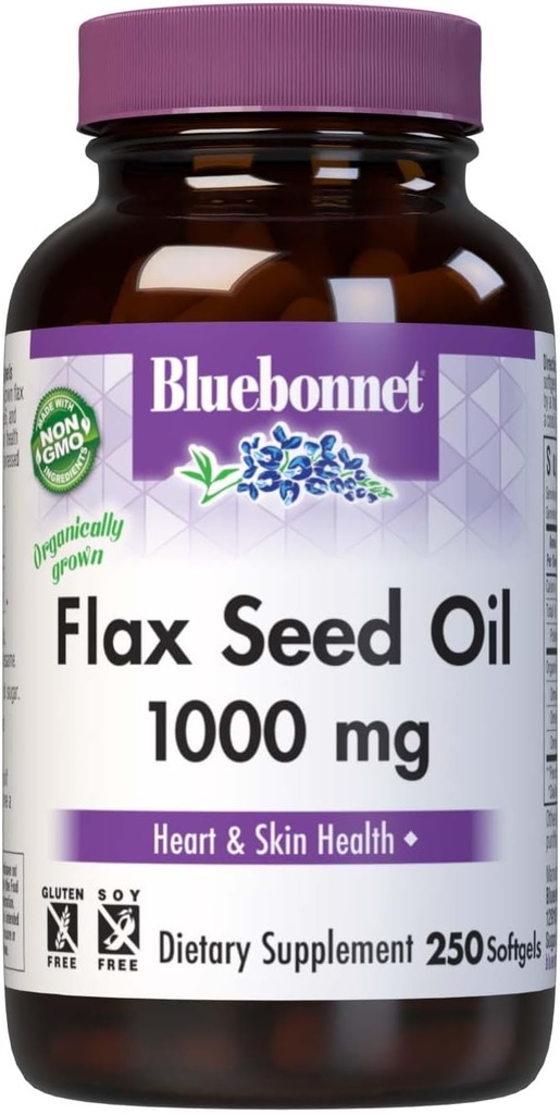 BlueBonnet Flax Seed Oil 1000 mg - Omega 3 6 9 Fatty Acids Heart Health &amp; Skin Support for Women &amp; Hombre - Cold-Presed, Organic Flaxseed Oil Capsules - Non-GMO, Gluten-Free, Soy-Free - 250 Softgels