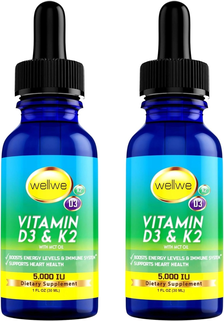 2 Botellas Vitamina Líquida D3 K2 gota 5000 UI con aceite MCT - Vitamina Líquida Vegan Suplemento D para los niveles de energía más altos, sistema de humedad e inmune, sin olor, libre de gluten, sin gluten, 2 Fl Oz
