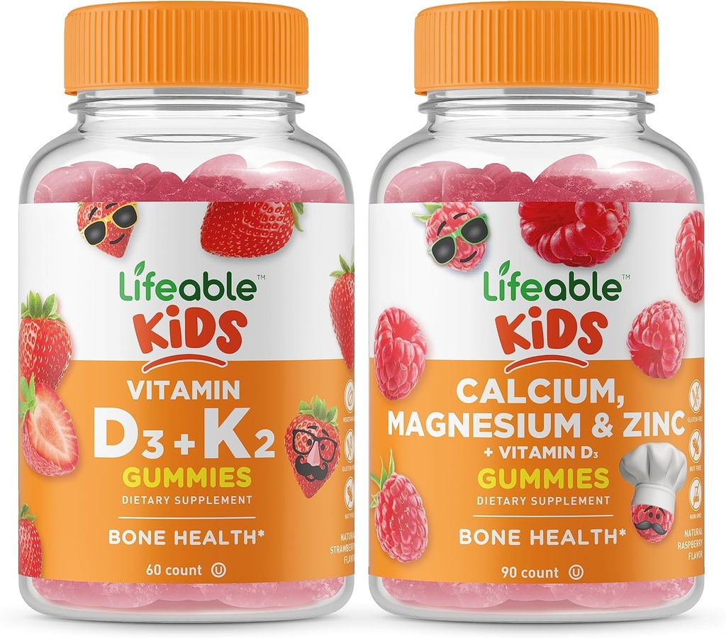 Vitamina D3 + Vitamina K2 Niños + Magnesio de Calcio &amp; Niños de Zinc - Gran Tasting, Suplemento de Vitamina, Gluten Gratis, GMO Gratis, Chewable Gummy