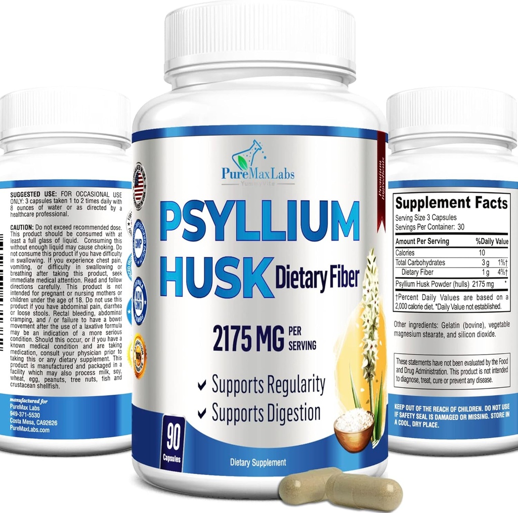 Psyllium Husk Suplemento dietético de fibra de 2175 mg, no GMO, 90 cápsulas