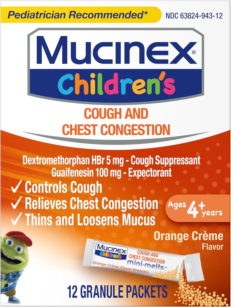 Congestión de pecho infantil Mucinex expectorante y tos sopresiva Mini-Melts, Orange Cream, 12 Conde (Paquete May Vary)