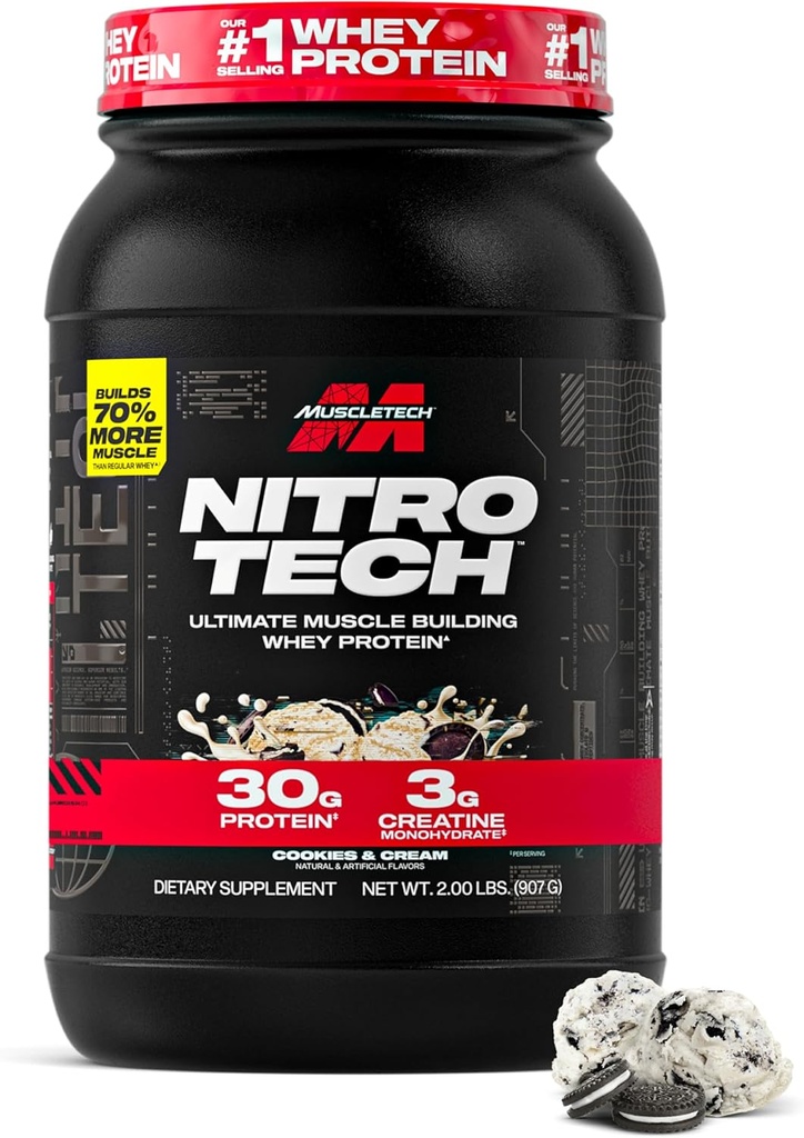 Muscletech Whey Protein Powder (Cookies &amp; Cream, 2.2 Pound) - Nitro-Tech Ultimate Muscle Building Formula with Whey Protein Isolate - 30g of Protein, 3g of Creatine &amp; 6.8g of BCAA - Packaging May Vary