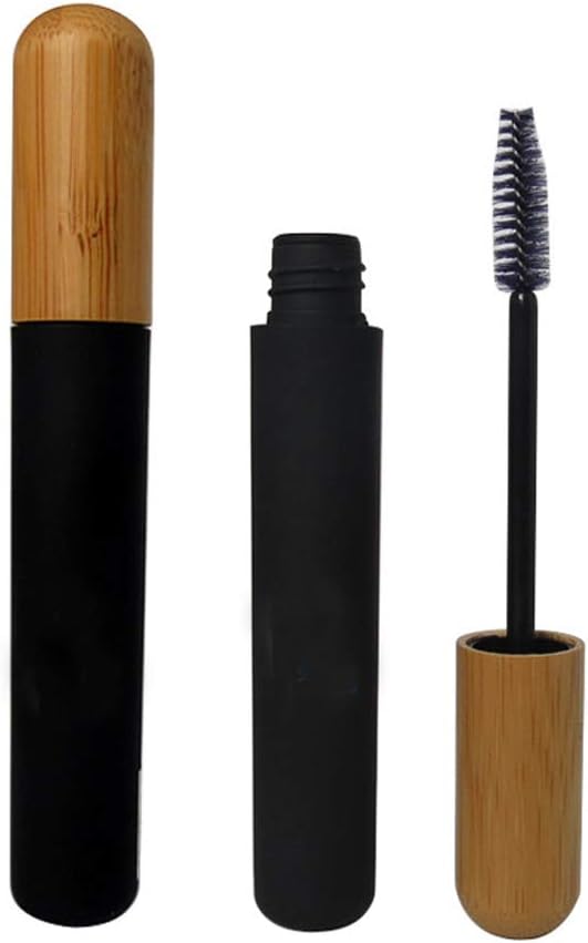 mollensiuer 2Pcs 6ml Refillable Empty Mascara Tube Botellas Vials Black Reusable Eyelash Cream Container Bottle with Eyelash Wand and Bamboo Cap for DIY Mascara, Travel