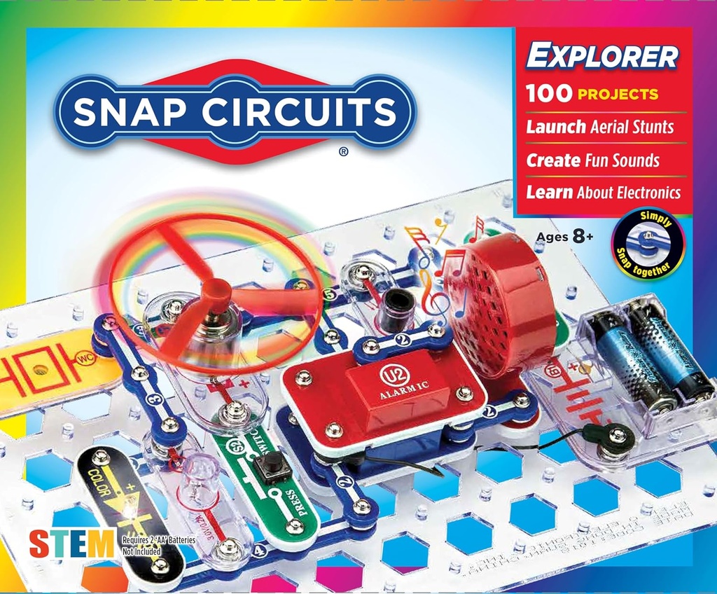 Snap Circuits Jr. SC-100 Electronics Exploration Kit, Más de 100 Proyectos, Full Color Project Manual, 28 piezas, STEM Educational Toy for Kids 8 +