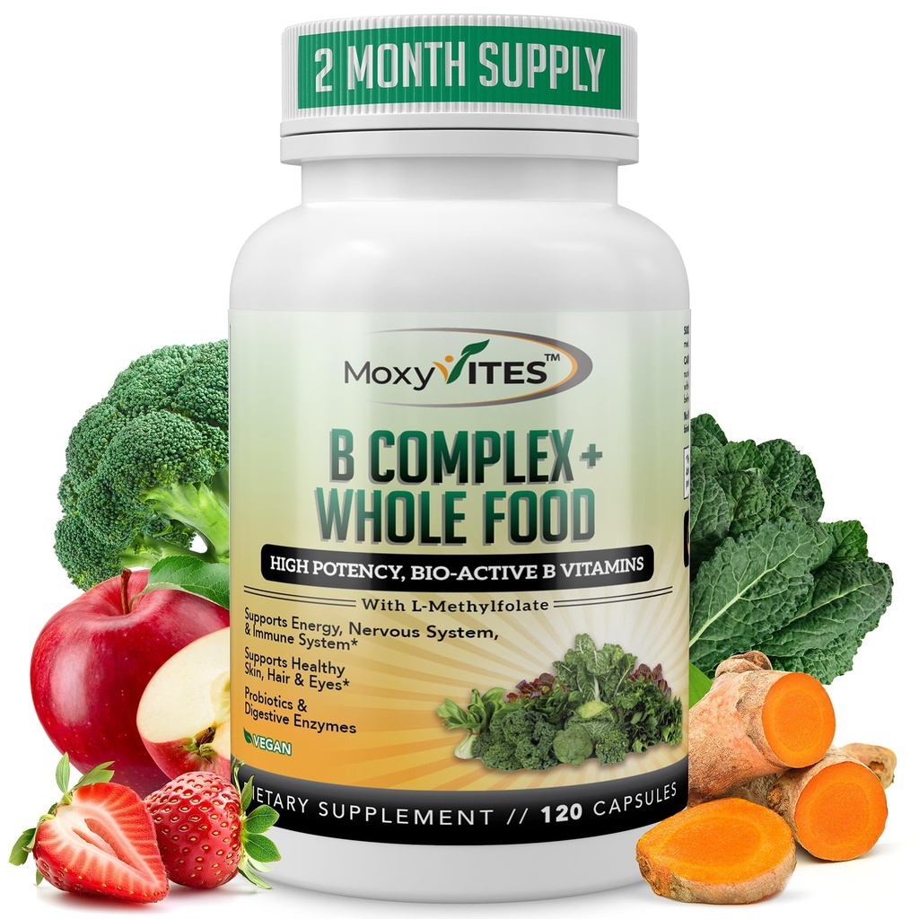 Complejo de vitamina B MoxyVites - B Vitaminas Suplemento alimenticio completo, B12 Metilcobalamina, B1, B2, B3, B5, B7, B9 - para soporte de estrés, energía y inmunológico, Vegan, 120 cápsulas