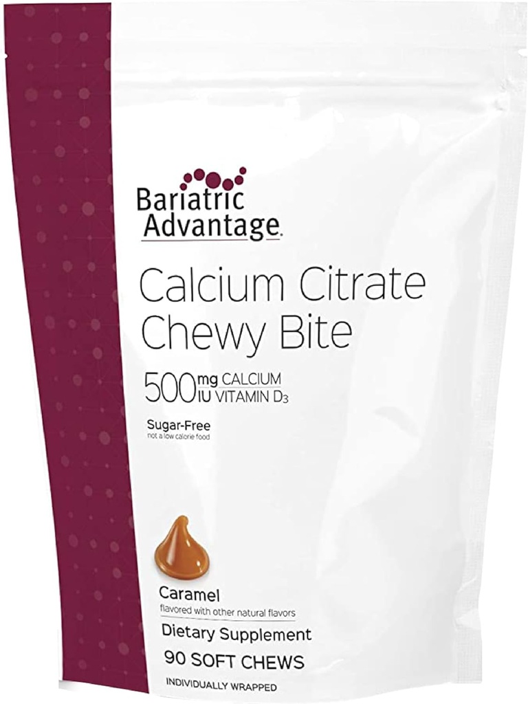 Bariatric Advantage Calcium Citrate Chewy Bites 500 mg - Highly Absorbable & Digestible - Vitamina D3 - Suplemento Calcium Fácilmente Chewable - Caramel Flavor - 90 Cuenta