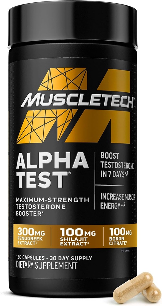 MuscleTech Testosterone Booster para Hombres, AlphaTest - T-Boost Mens Suplemento con Tribulus Terrestris " Boron - Daily Hombre Gym Workout Suplementos para el crecimiento muscular, resistencia " Energía - 120 pastillas