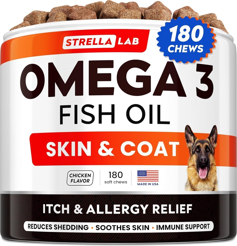StrellaLab Omega 3 para perros - (180Ct) Fish Oil Treats - Alergía &amp; Itch Relief Skin &amp; Coat Suplemento - Dry Itchy Skin, Anti Shedding & Hot Spots Tratamiento - Pet Salmon Oil Chews - Chicken Flavor