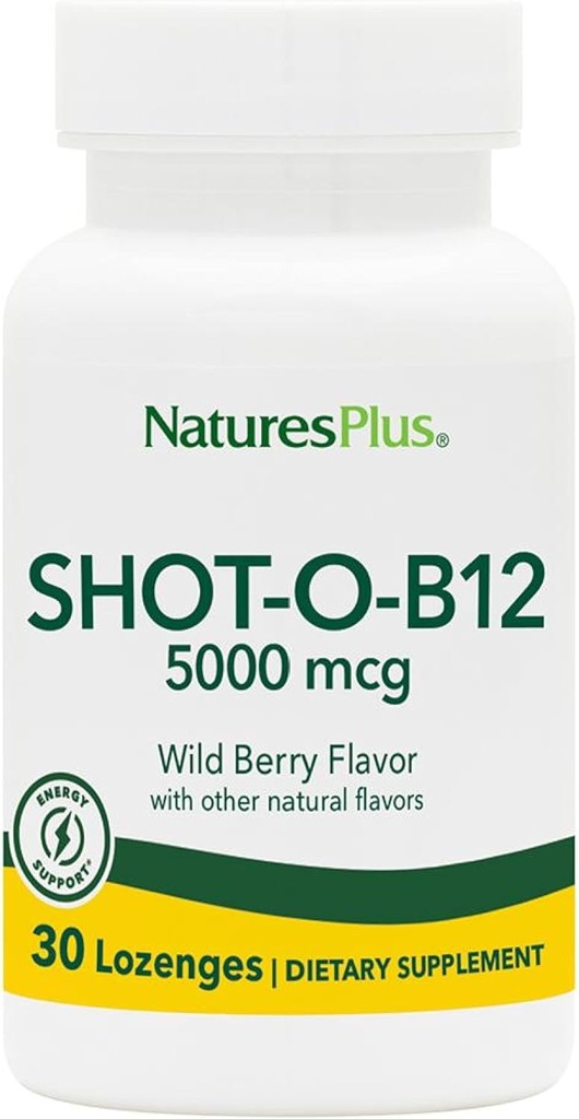 NaturesPlus Shot-O-B12-30 Lozenges, Wild Berry Flavor - 5000 mcg - Vegan, Gluten Gratis - 30 Servings
