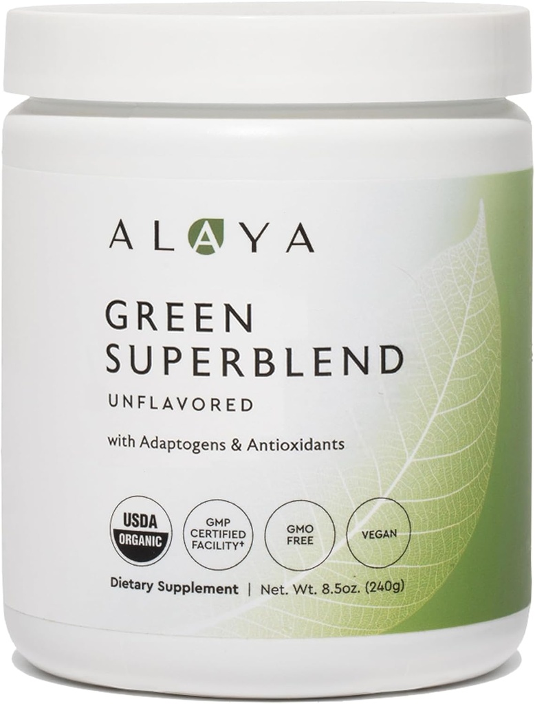 Alaya Organic Super Greens Powder - Premium Green Juice Superfood Supplement Powder - Adaptogens, Antioxidants &amp; Probiotics Blend - USDA Organic, Non-GMO, Vegan - 30 Servings (Unflavored)