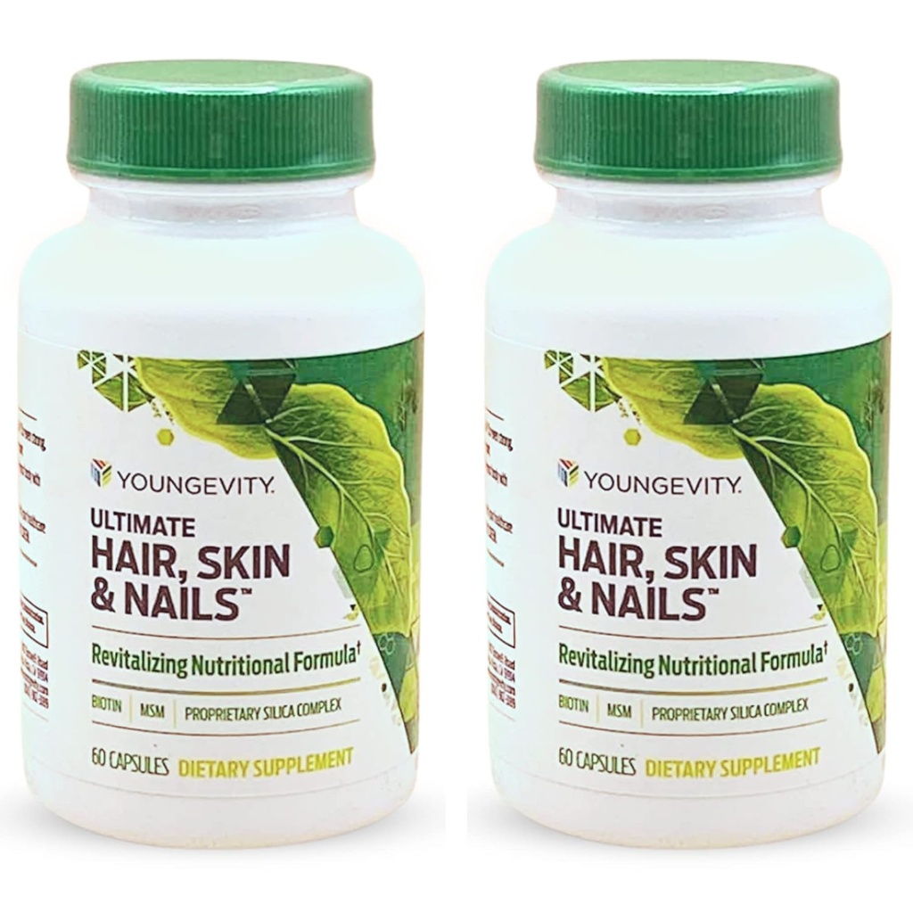 Youngevity Ultimate Hair, Skin, and Nails  2000 mcg Biotin + CoFactores esenciales ← 9 Vitaminas/Minerales, Paba, Silica, MSM, B-6 confidencialidad (Pack of 2)
