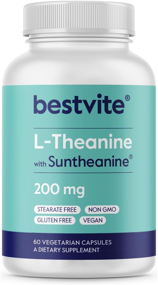 BESTVITE Double Strength Suntheanine L-Theanine 200mg – Patented & Clinically Studied – 60 cápsulas vegetarianas – Vegan – No Stearates – Non GMO – Gluten Free – Relax Support