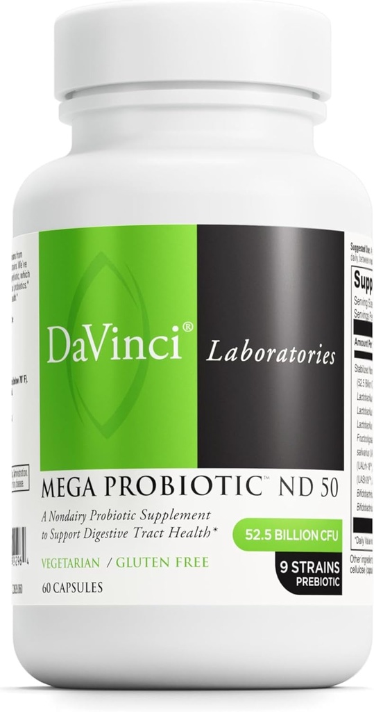 DAVINCI Laboratorios Mega Probiótico ND 50 - Suplemento Probiótico No Aéreo con Fibra Prebiótica - Digestiva &amp; Apoyo a la Salud Inmune* - Gut Support with Beneficial Bacteria* - 60 cápsulas vegetarianas