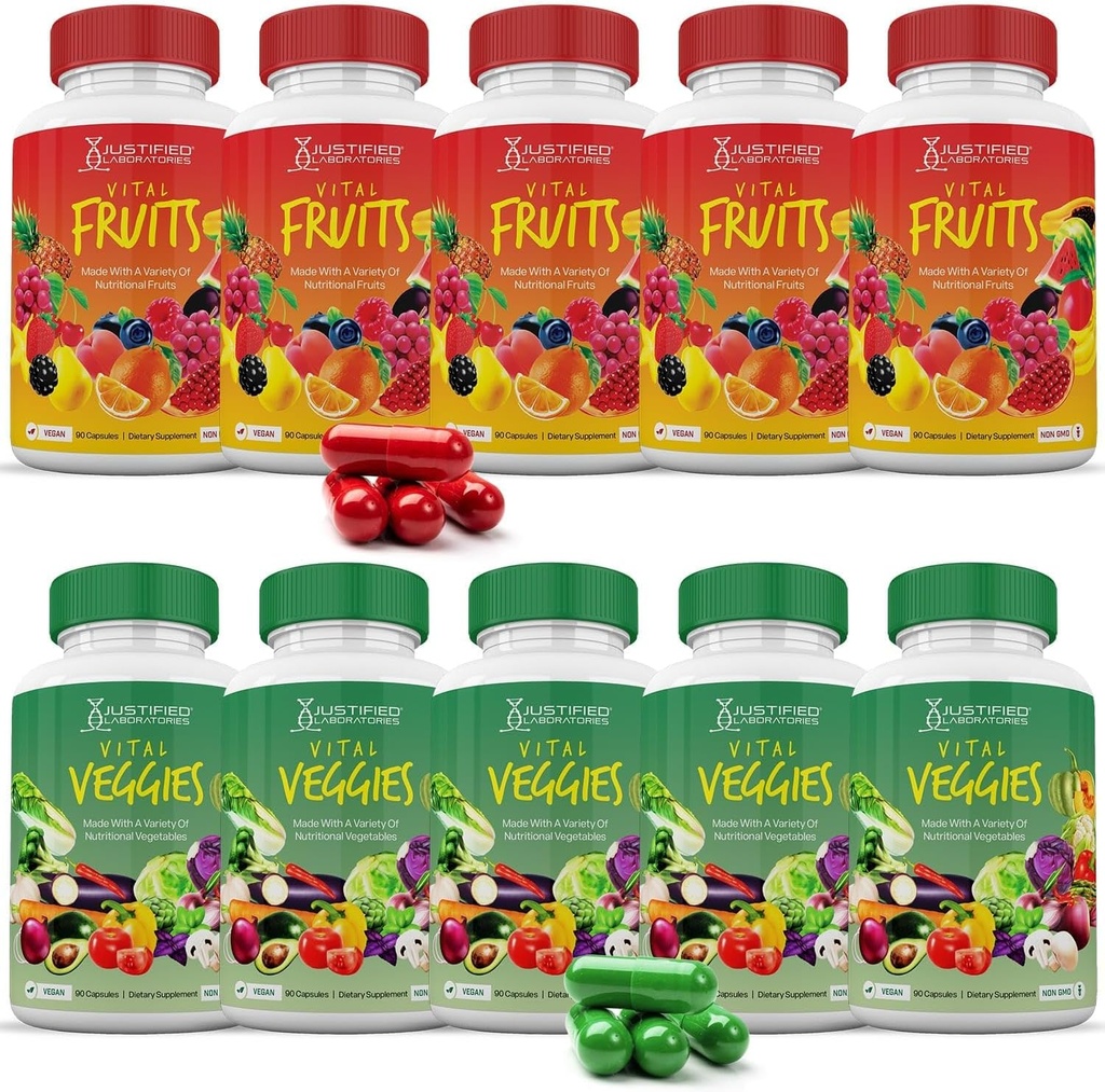 Laboratorios Justificados (10 Pack Vital Fruits and Veggies Suplemento Whole Food Red &amp; Green Superfoods Non GMO Vegan Friendly 900 Veggie Capsules 10 Bottles