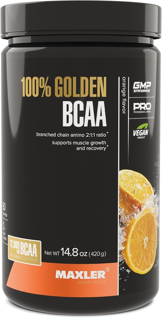 Maxler 100% Golden BCAA Powder - Intra " Post Workout Recovery Drink for Accelerated Muscle Recovery " Lean Muscle Growth - 6 g Vegan BCAAs Amino Acids - 60 Servings - Orange