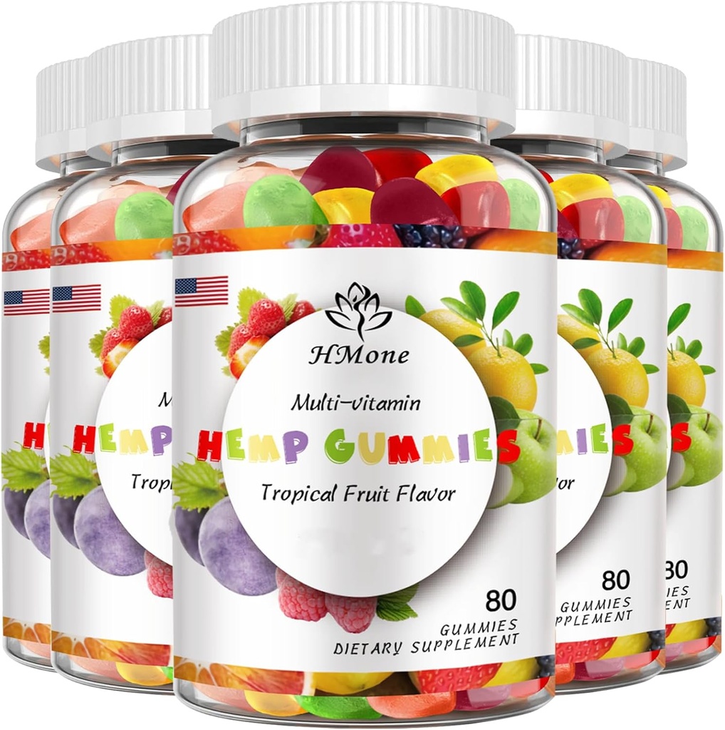 5 Packs Organic Hemp Gummies High Potency with Pure Hemp Oil Extract Vegan Edible Bear Candy - Non-GMO, Vegan, Low Sugar