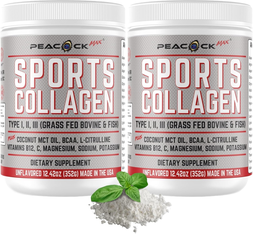 Collagen Powder deportivo, 12.42 oz, Pack of 2 - Grass Fed Bovine " Wild Fish Hydrolyzed Tipo I, II, III Multi Collagen Peptides, Unflavored Protein Powder con BCAA, Magnesium " Electrolytes