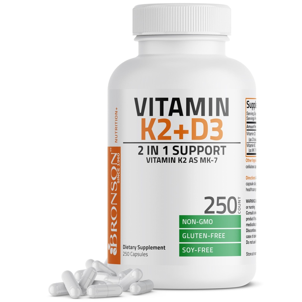 Bronson Vitamin K2 (MK7) with D3 Supplement Non-GMO Formula 5000 IU Vitamin D3 & 90 mcg K2 MK-7 Easy to Swallow D & K Complex, 250 Capsules
