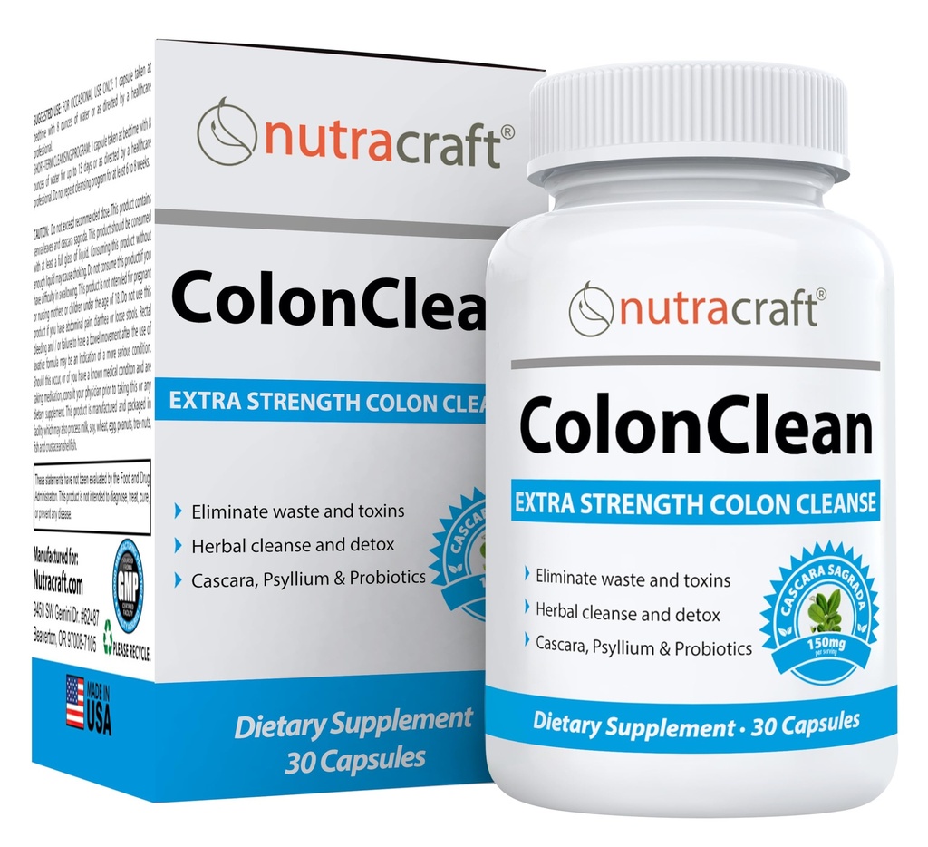 Nutracraft ColonClean #1 Colon Detox and Constipation Relief ¦ Senna, Cascara Sagrada, Psyllium, MCT, Aloe and Probiotics ← 30 Capsules