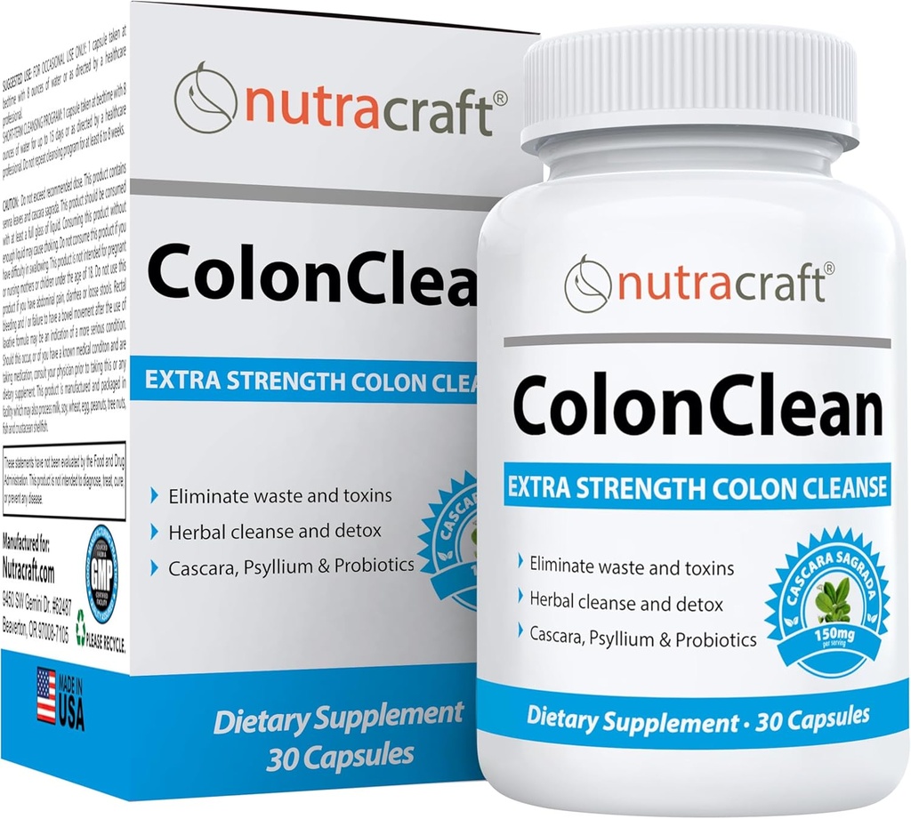 Nutracraft ColonClean #1 Colon Detox and Constipation Relief ¦ Senna, Cascara Sagrada, Psyllium, MCT, Aloe and Probiotics ← 30 Capsules