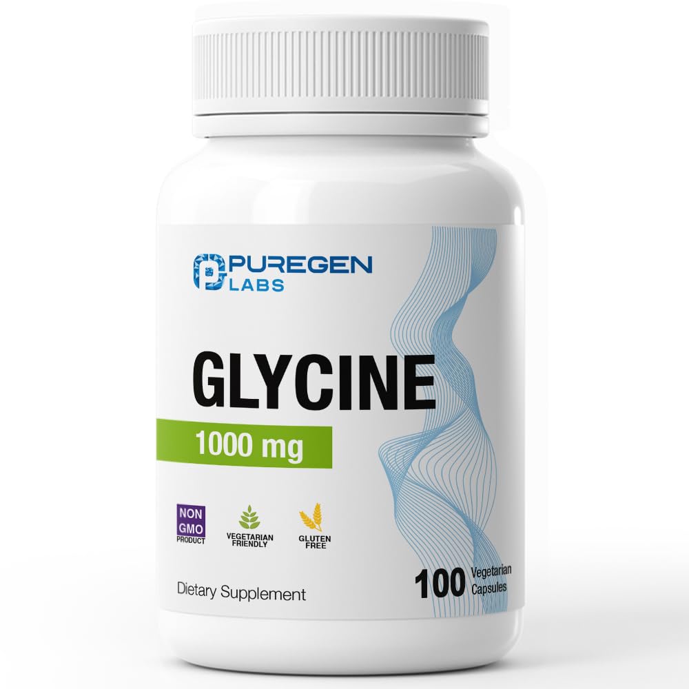Puregen Labs Glycine 1000mg [High Potency] 100 Vegetarian Capsules, Promotes Healthy Rest | No Harmful Additives | Non-GMO, NO Gluten and Dairy -100 Servings