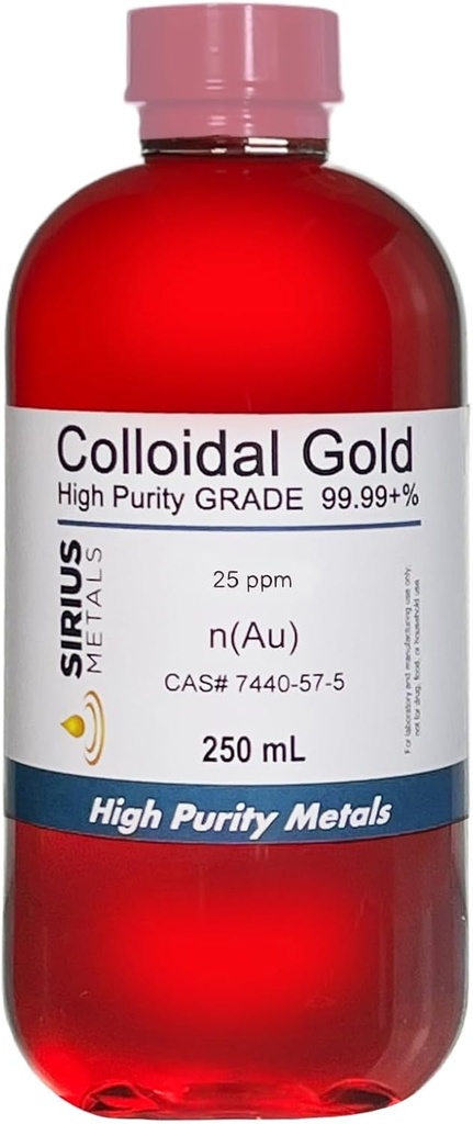 True Colloidal Gold – 25 ppm - 99.99+% Purity - 250 mL (8.45 Fl Oz) en Clear BPA-Free Plastic Bottle - Made in USA