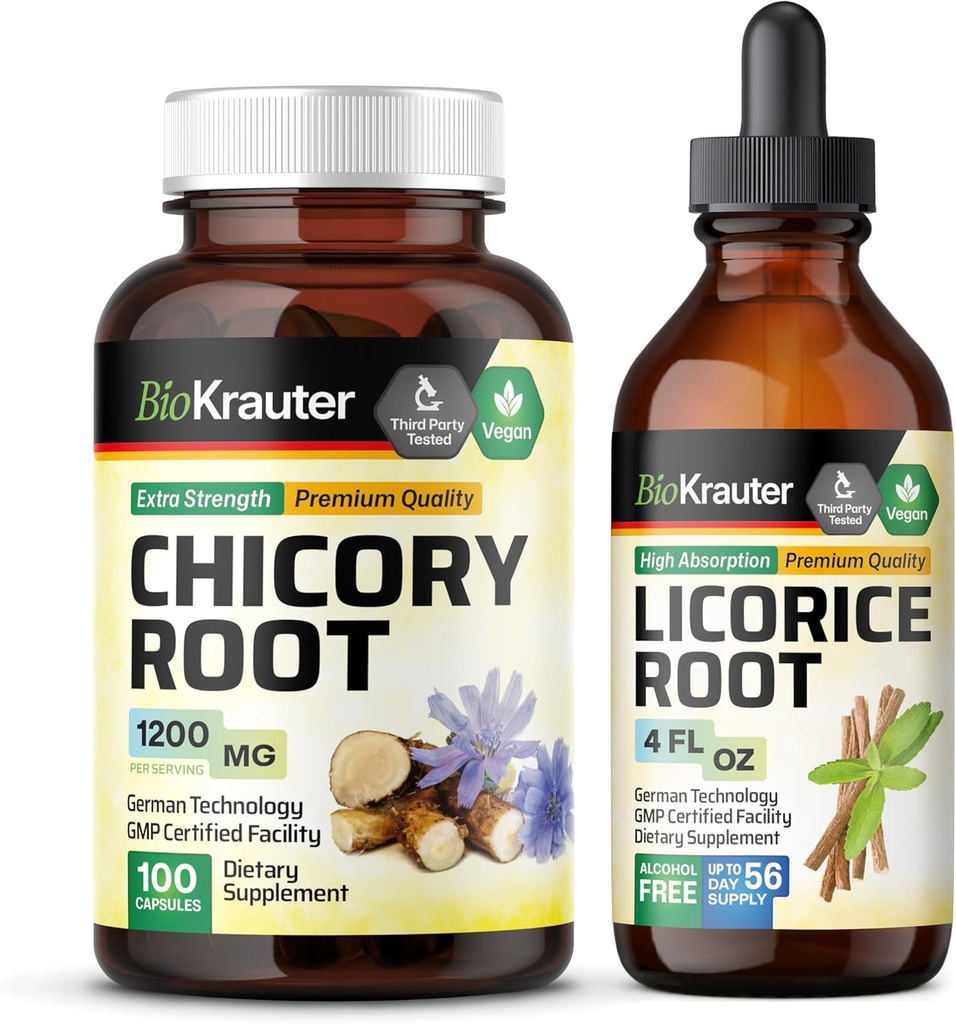 BIO KRAUTER Chicory Root 100 Capsules &amp; Licorice Root Tincture 4 Fl. Oz.