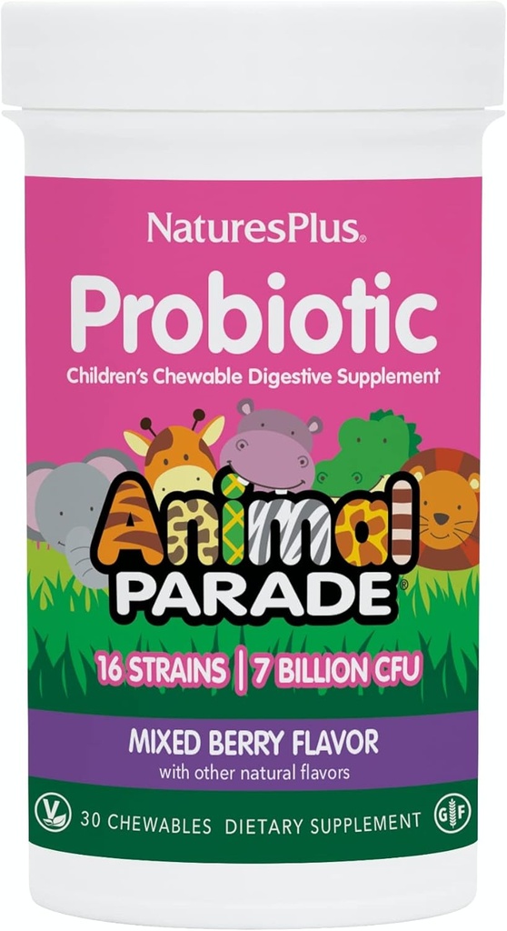 NaturesPlus Animal Parade Probiotic, Mixed Berry - 30 Chewables - Children’s Digestion Supplement - Supports Gut Health & Immune Function - Vegan, Gluten Free - 30 Servings