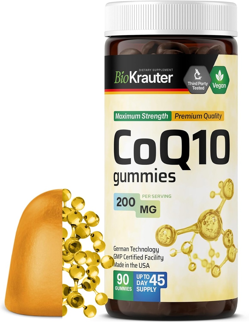 BIO KRAUTER CoQ10 200mg Gummies - 90 Vegan Chews - Coenzyme Q10 Supplement - Pectin-Based Antioxidant Gummies for Adults
