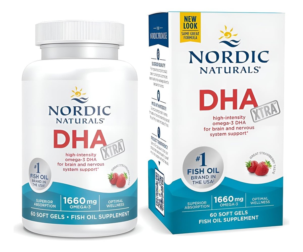 Naturales nórdicos DHA Xtra, Fresa - 60 Gels blandos - 1660 mg Omega-3 - Alta intensidad DHA Fórmula para el soporte del sistema nervioso y cerebral - No GMO - 30 Servimientos