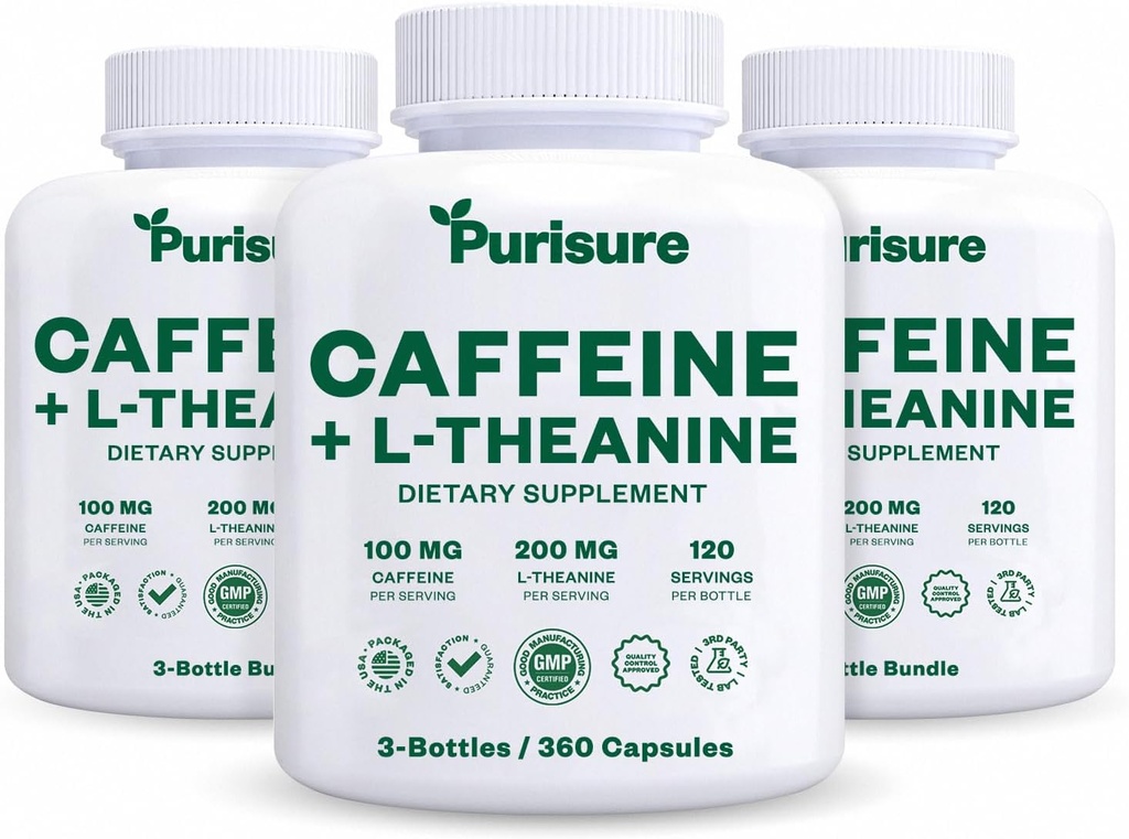 Purisure Caffeine Theanine Capsules Pills 100mg Caffeine + 200mg L Theanine for Pre Workout Energy, y Clarity Energy Pills for Fatigue, Suplemento Nootropic, 120 Day Supply, Pack de 3
