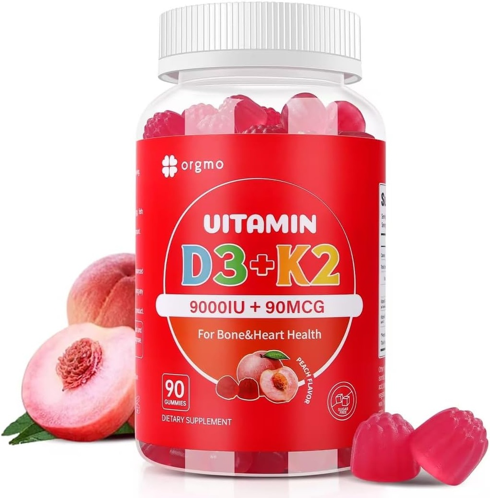 Vitamina D3 K2 Gummies Azúcar Gratis, K2 D3 Suplemento Vitamina 9000 UI para Mujeres Adultas Masculino Immune Soporte 90 Condes, Peach Flavor