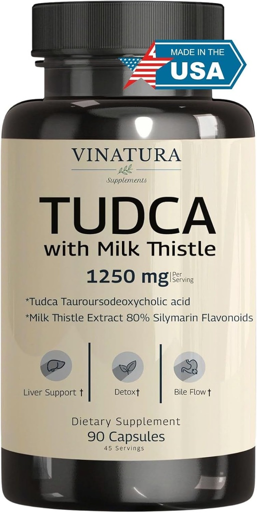 VINATURA TUDCA Milk Thistle 1250mg - Tudca Supplement, Tudca Bile Salts, Liver Support, Gallbladder Supplements *USA Made and Tested* Bile Salts Supplement - 90 Capsules