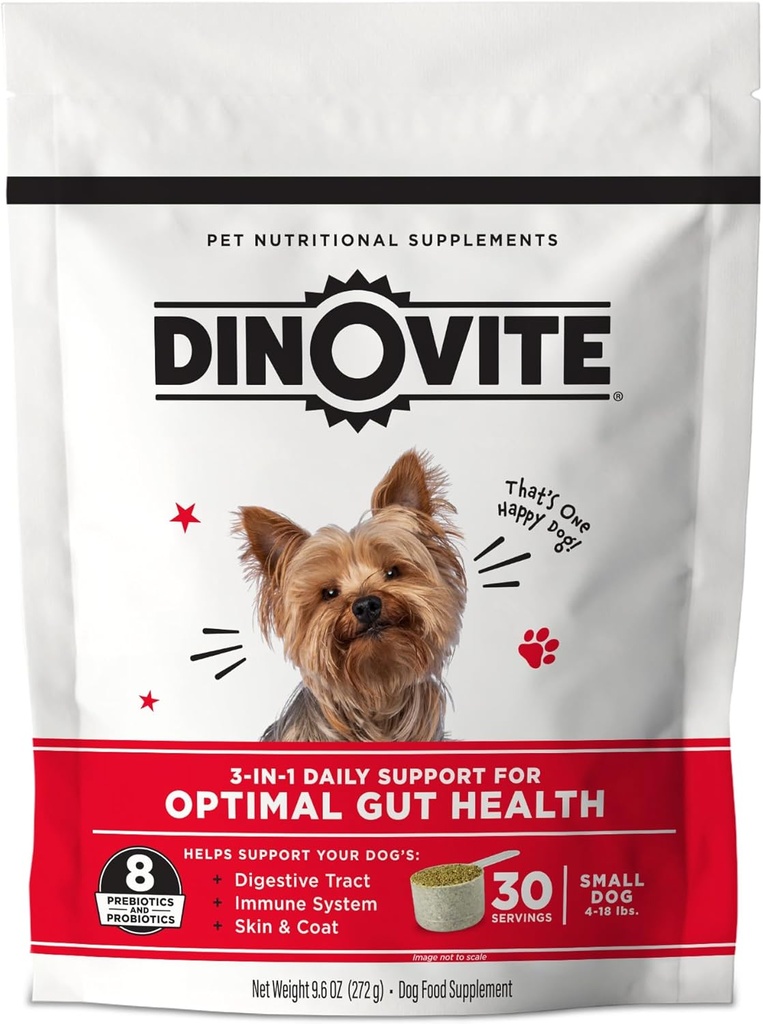 Dinovite 3 en 1 Probiótico para perros pequeños, piel " Cuna, salud digestiva " , Toppers de alimentos para perros, soporte para inmunes, alivio de alergia " Cuidado de la piel de incubación, 30 servicios (1-18 libras)