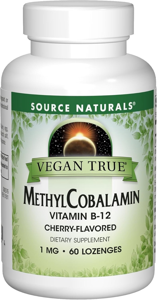 Fuente Naturales Metil Cobalamina Vegan, Vitamina B-12 Suplemento dietético saboreado de cereza, 1 Mg - 60 Lozenges
