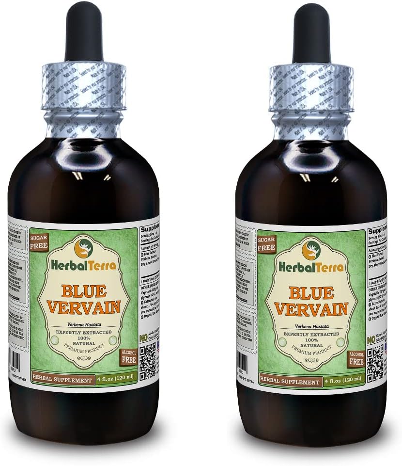 Vervaina Azul (Verbena hastata) Glicérite, Seca Orgánica Piezas Arriba-Rodadas Extracto líquido libre de alcohol (Marca: HerbalTerra, Proudly Made in USA) 2x4 fl.oz (2x120 ml)