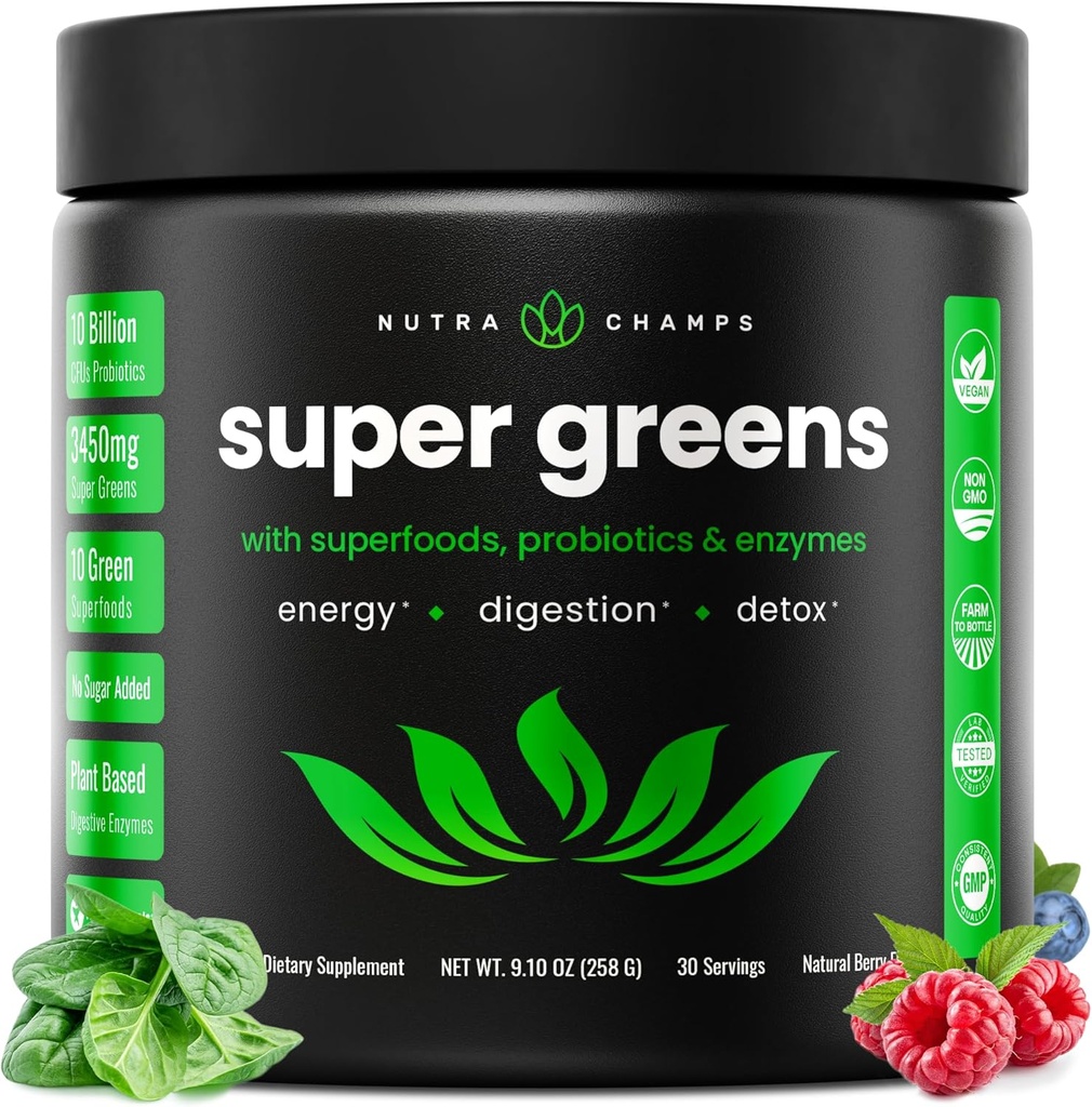 NutraChamps Super Greens Powder Premium Superfood ← 20+ Organic Green Veggie Whole Foods TEN Wheat Grass, Spirulina, Chlorella ANTE Antioxidante, Enzyme Digestivo &amp; Blends Probióticos (9.0 Oz, Berry)