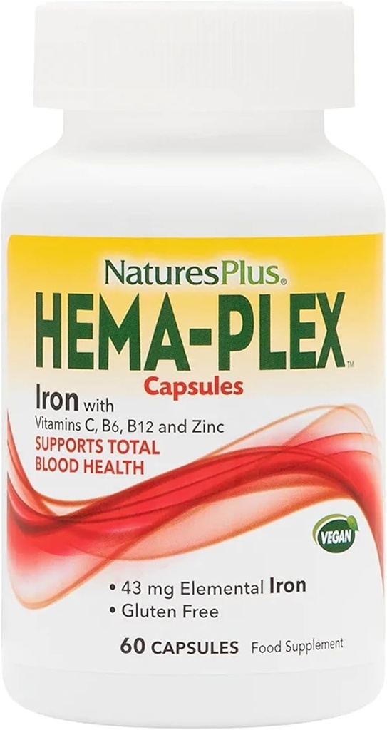 NaturesPlus Hema-Plex Iron - 60 Fast-Acting Capsules - 85 mg Chelated Iron - Total Blood Health - with Vitamin C & Bioflavonoids - Vegan, Gluten Free - 30 Servings