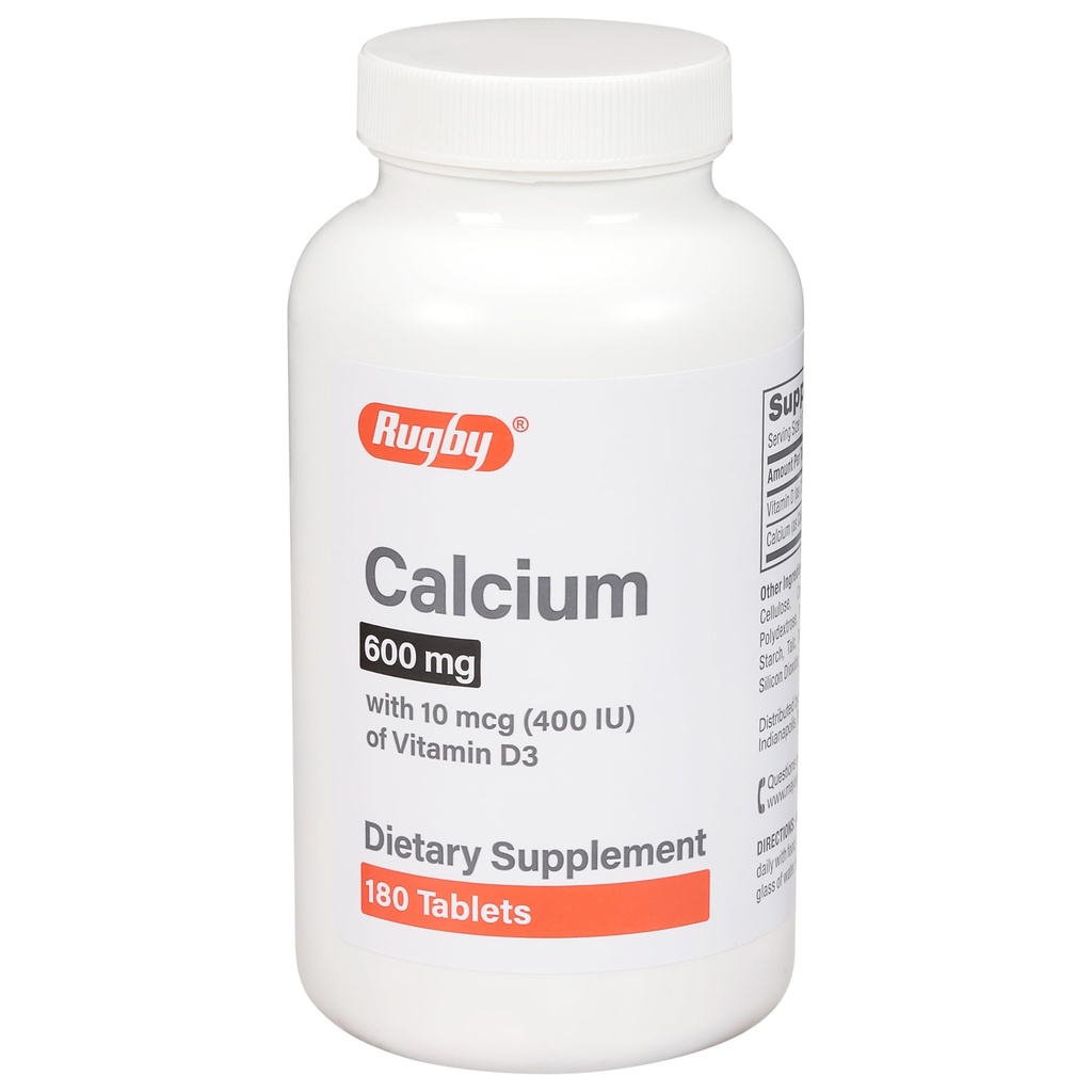Rugby 600mg Calcium Tablets - Made with 10mcg (400IU) of Vitamin D3 - Dietary Supplement - 180 Count (1 Pack)