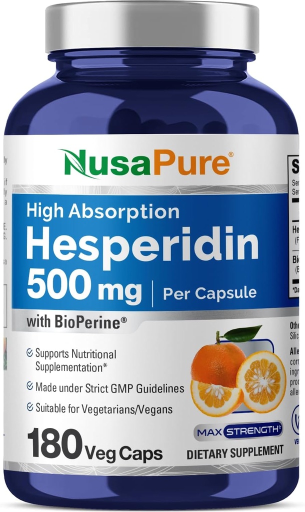 NusaPure Hesperidin 500 mg por Veggie Caps - 180 cápsulas (BioPerine, alta absorción, no GMO)