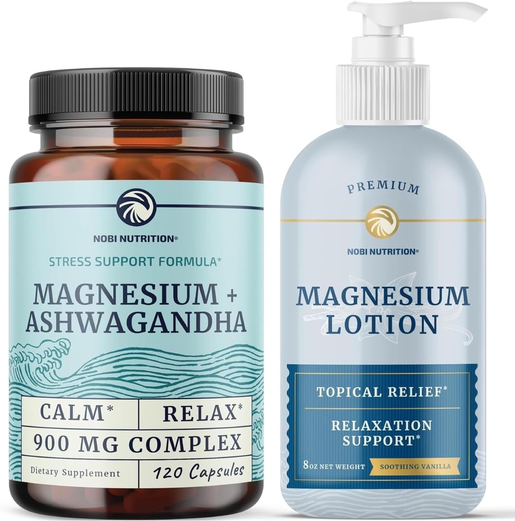 Nutrición Nobi Loción de magnesio y Magnesio Ashwagandha Suplemento Silencio Cuerpo completo Magnesio Soporte para Cuerpo y Mente con 8 Fl Oz Magnesio tópico Plus 2 Mes de suministro de píldoras Complejo de Magnesio