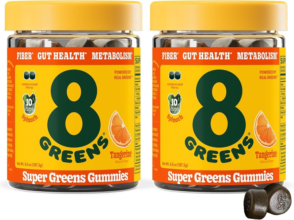 8Greens Daily Fiber Super Greens Gummies - Tangerine Flavor: Boost Immune System " Digestive Health with 8 Real Greens - Non-GMO Formula, Chewables, 50 Vegan Gummies, Pack de 2