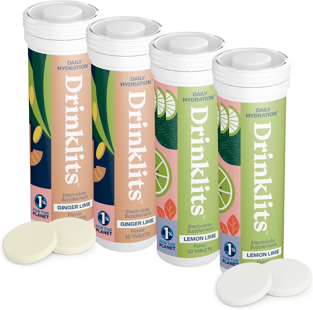 Drinklits Ginger-Lime & Lemon-Lime Electrolyte Tablets (4) Tube Bundle | Daily Hydration Combo Pack | Great Taste – 0g Sugar – Natural Sports Drink | 40 Servings - 10 Tablets Per Tube