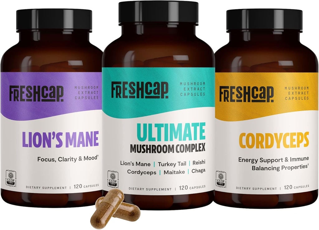 Mushrooms FreshCapital Popular Bundle, Capsules (Lions Mane, Cordyceps, Ultimate Mushroom Complex) Capsules