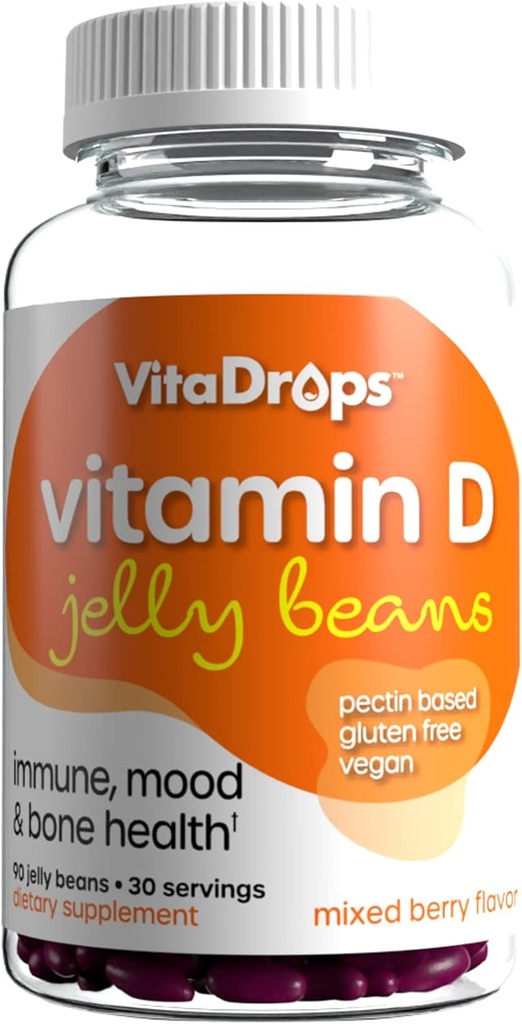 Vitamina D Jelly Beans, apoya la salud inmune, promueve la salud ósea, basada en la pectina, Vegan " Gluten Free, Mixed Berry Flavor, 90 judías jaleas, 30 servicios