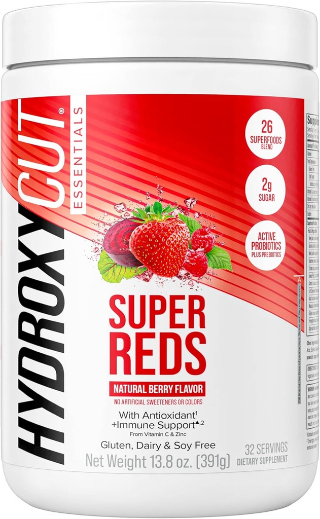 Hidroxicut Essentials Super Reds TEN Superfood Powder TEN Vitamin C & Zinc for Immune Support TEN Probiotics TEN 26 Superfood Blend TEN Soy, Gluten and Dairy Free (32 Servings)