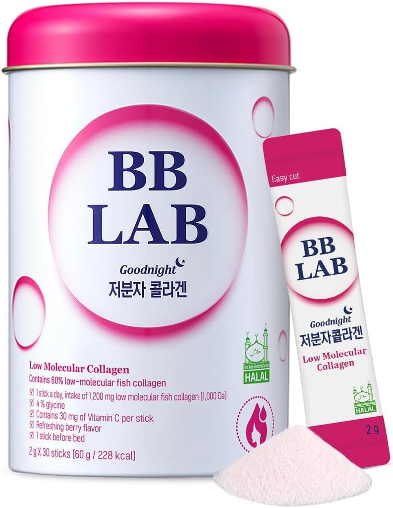 BB LAB Good Night Low Molecular Colagen Powder Stick Suplemento, Halal Certified, Korean Marine Collagen, Fish Collagen Peptides, Vitamina C, Glycine, Fast Absorption, Mix Berry Flavor