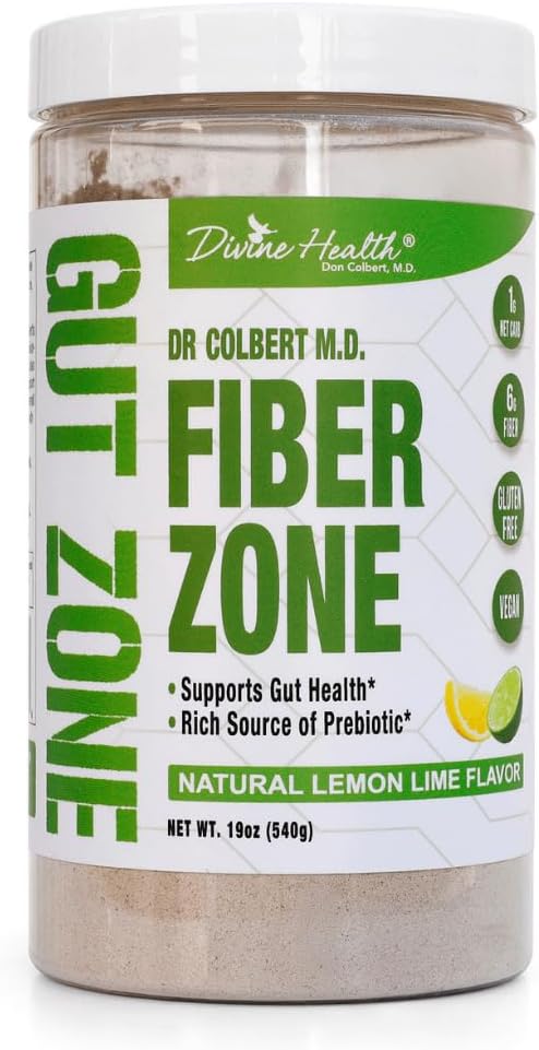 Divine Health Dr. Colbert, MD Fiber Zone Powder | Lemon-Lime Flavor Prebiotics | 6g Psyllium Husk Inulin Fiber | Recommended in Healthy Gut Zone Book | 19 oz | 60 Servings